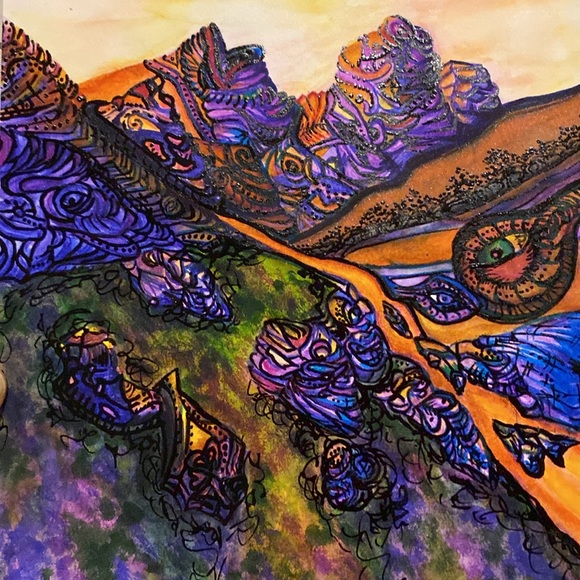 Unframed Original Art Watercolour Surreal Mountain Scape & Alpine Meadow - Picture 4 of 6